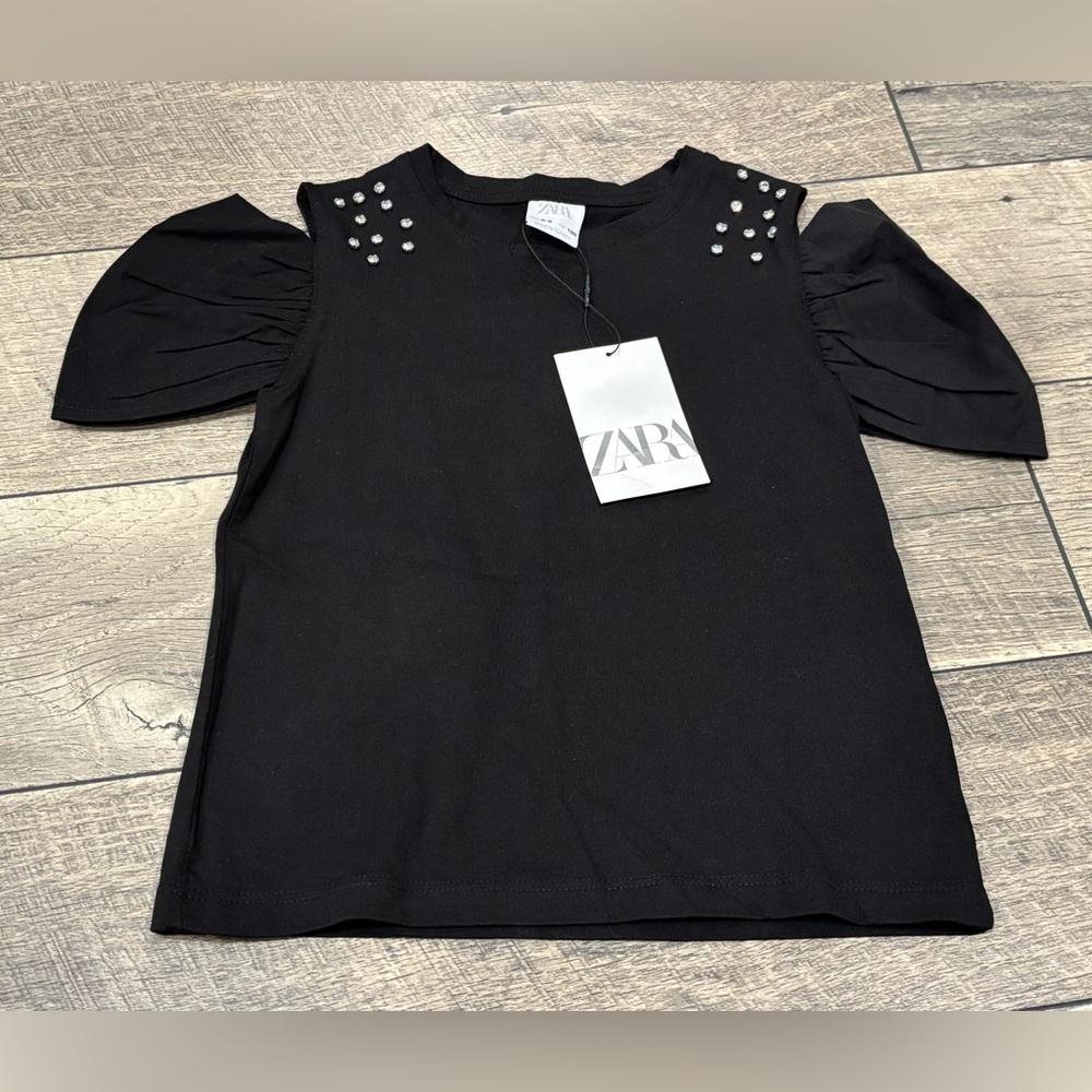 New Zara Black Puff Sleeve Top with Stud Accents Girls Size 8-9